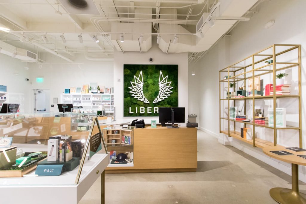 Merchandise display cases in a cannabis store at Liberty Beach Center