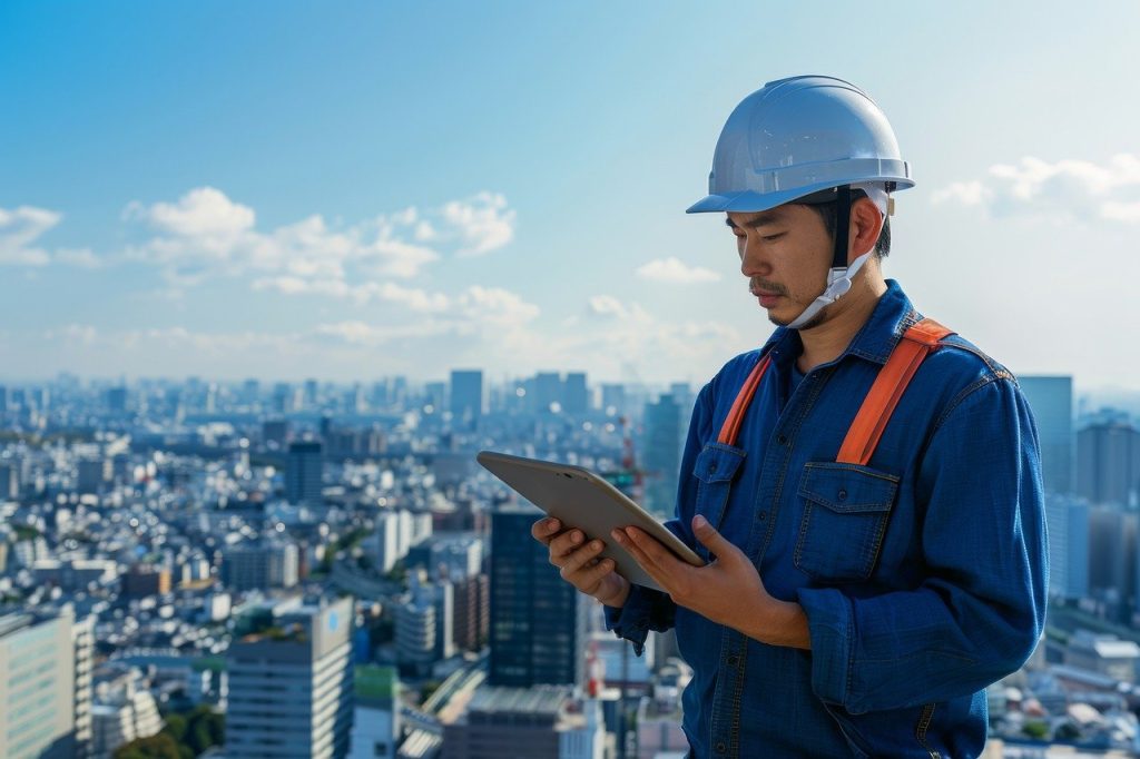 Male construction working looking at a clipboard